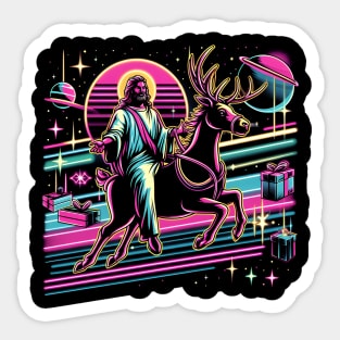 COOL JESUS RIDING RAINDEER UNIVERSE RETRO 80'S NEON VIBE Sticker